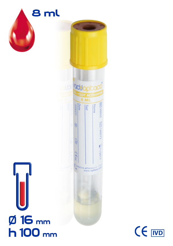 Вакуумна пробірка з активатором згустку+гель об. 8 ml (мл), з ПЕT,діаметр 16x100 mm (мм), стерильна, кришка золотого кольору та етикетка (30033)